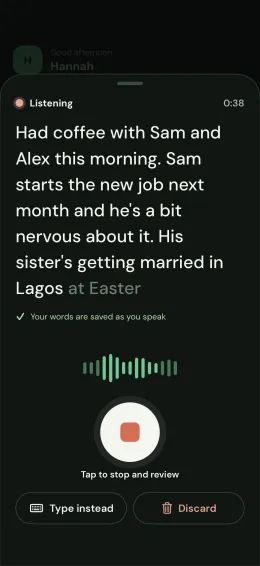 Kin recording a voice note, with the words appearing as they're spoken