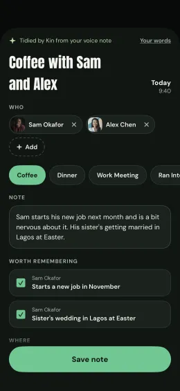 A tidied note about coffee with Sam and Alex, with two things worth remembering